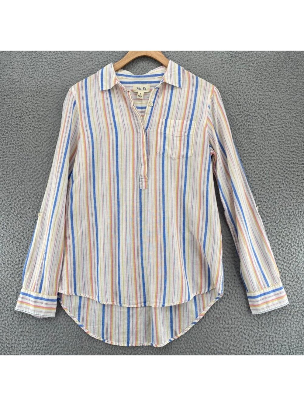 Per Se Shirt Womens Small White Multi Striped Linen Cotton Blend Roll Tab Sleeve